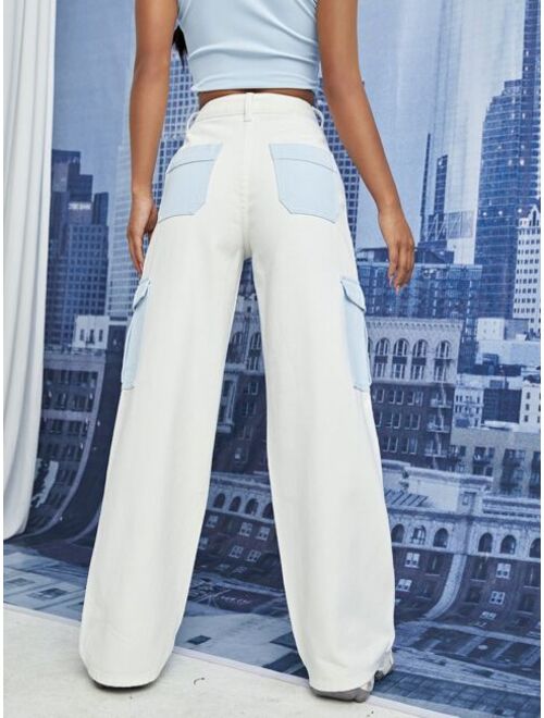 Shein High Waist Flap Pocket Wide Leg Jeans