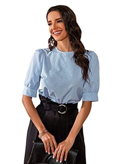 Women's Grid Office Blouse Work Top Puff Sleeve Shirt