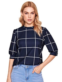 Women's Grid Office Blouse Work Top Puff Sleeve Shirt