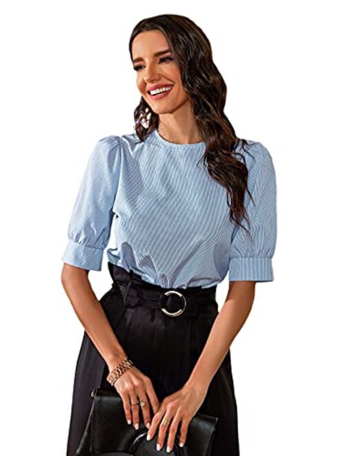 SheIn Women's Grid Office Blouse Work Top Puff Sleeve Shirt