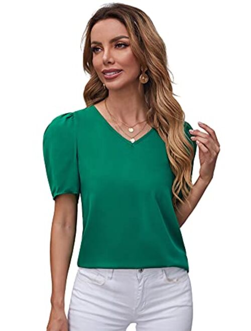 SheIn Women's Grid Office Blouse Work Top Puff Sleeve Shirt