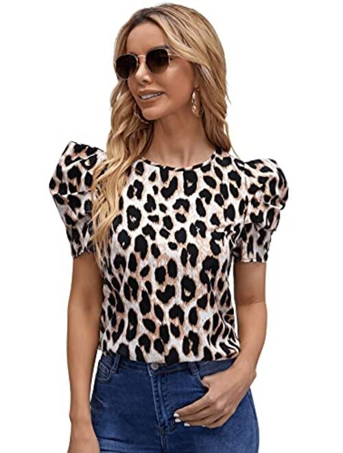 SheIn Women's Grid Office Blouse Work Top Puff Sleeve Shirt