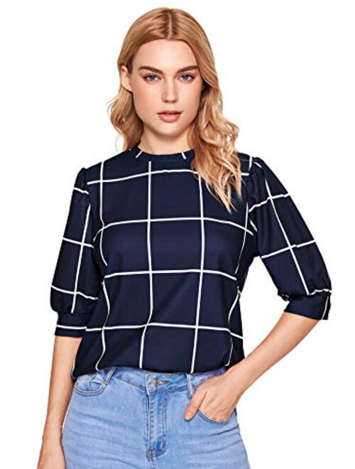 SheIn Women's Grid Office Blouse Work Top Puff Sleeve Shirt