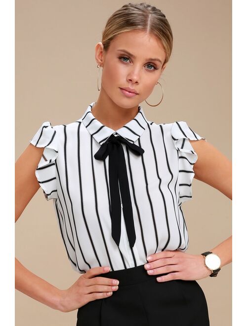 Lulus Burke Black and White Striped Tie-Neck Top