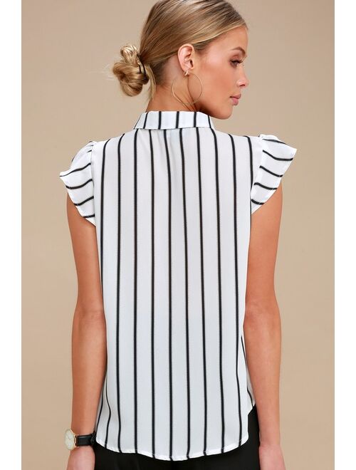 Lulus Burke Black and White Striped Tie-Neck Top