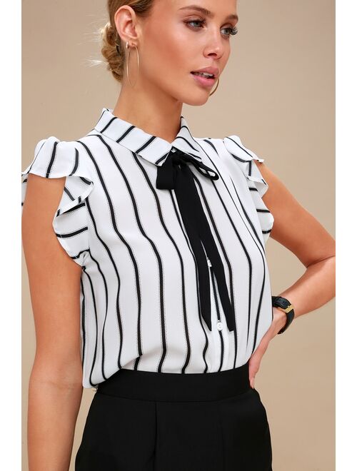 Lulus Burke Black and White Striped Tie-Neck Top