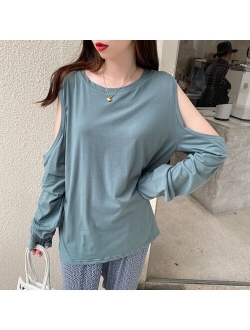 Off-the-Shoulder Long-Sleeved T-shirt for Women Loose Sexy Scheming New Design Sense All-Match Top Bottoming Shirt for Spring