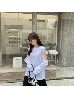 Off-the-Shoulder Long-Sleeved T-shirt for Women Loose Sexy Scheming New Design Sense All-Match Top Bottoming Shirt for Spring