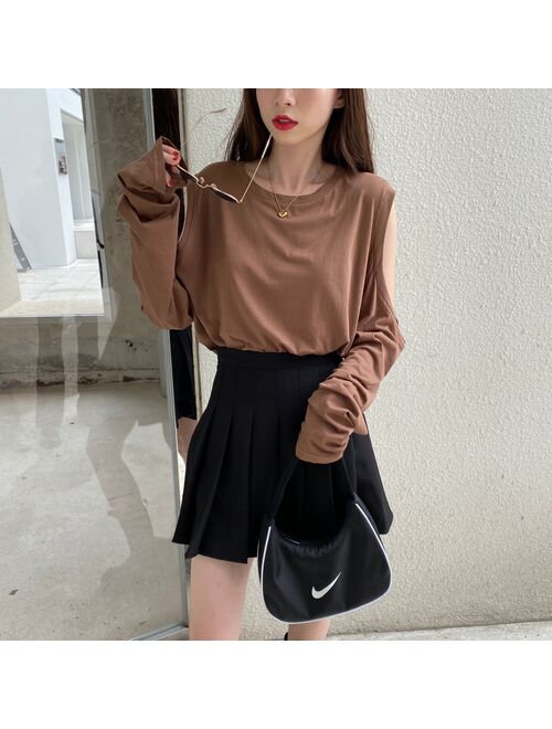 Off-the-Shoulder Long-Sleeved T-shirt for Women Loose Sexy Scheming New Design Sense All-Match Top Bottoming Shirt for Spring