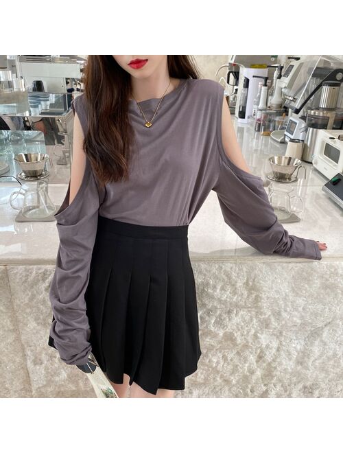 Off-the-Shoulder Long-Sleeved T-shirt for Women Loose Sexy Scheming New Design Sense All-Match Top Bottoming Shirt for Spring