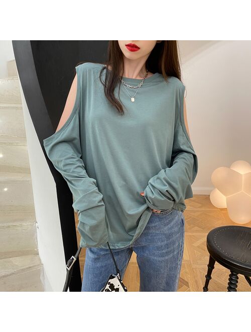 Off-the-Shoulder Long-Sleeved T-shirt for Women Loose Sexy Scheming New Design Sense All-Match Top Bottoming Shirt for Spring