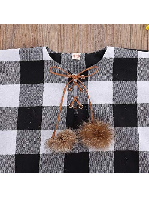 Toddler Baby Girl Christmas Outfits Plaid Poncho Coat Trench Bat Sleeve Pompom Cloak Cape Fall Winter Outwear