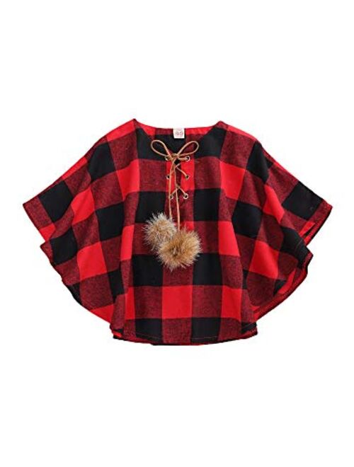 Toddler Baby Girl Christmas Outfits Plaid Poncho Coat Trench Bat Sleeve Pompom Cloak Cape Fall Winter Outwear