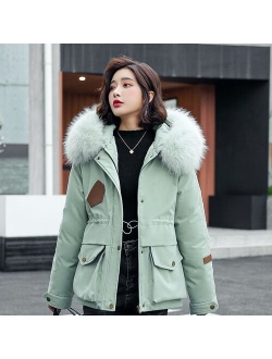 Short Cotton Liner Parka Solid Color Winter Jacket Women 2021 New Big Pocket With Fur Collar Ladies Casual Hooded Parka Coat