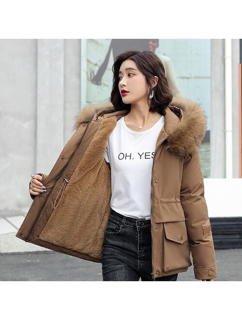 Short Cotton Liner Parka Solid Color Winter Jacket Women 2021 New Big Pocket With Fur Collar Ladies Casual Hooded Parka Coat