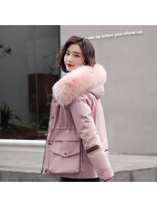 Short Cotton Liner Parka Solid Color Winter Jacket Women 2021 New Big Pocket With Fur Collar Ladies Casual Hooded Parka Coat