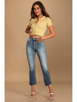 DAZE DENIM Shy Girl Light Wash High-Waisted Distressed Cropped Flair Jeans