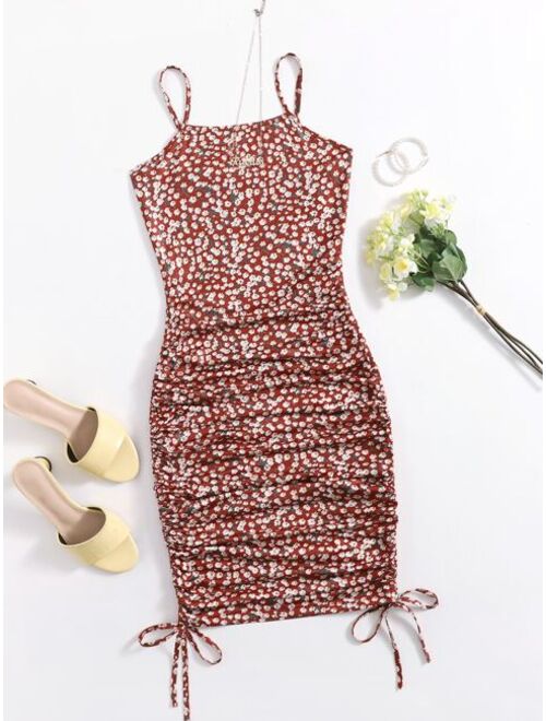 SHEIN Drawstring Knot Ruched Ditsy Floral Dress