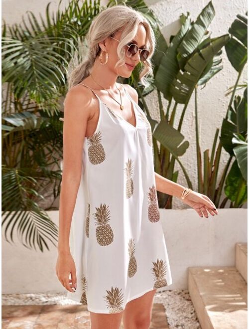 SHEIN Double V-neck Pineapple Print Cami Dress