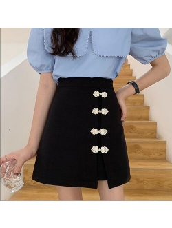 Laipelar 2021 Summer New Fashion Metal Pin Decorative Skirt Shorts Solid Color Lady High Waist Wide Leg Shorts Women Skirts