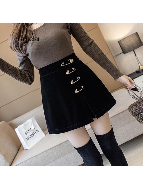 Laipelar 2021 Summer New Fashion Metal Pin Decorative Skirt Shorts Solid Color Lady High Waist Wide Leg Shorts Women Skirts