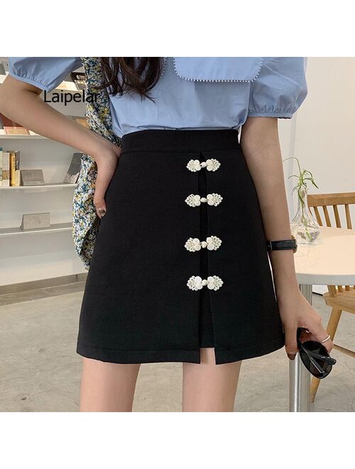 Laipelar 2021 Summer New Fashion Metal Pin Decorative Skirt Shorts Solid Color Lady High Waist Wide Leg Shorts Women Skirts