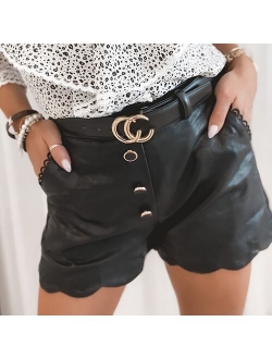 PU Leather High Waist Shorts Women Black Shorts With Belt Bow Casual Sexy Short Fashion Streetwear Ladies Autumn Winter D30