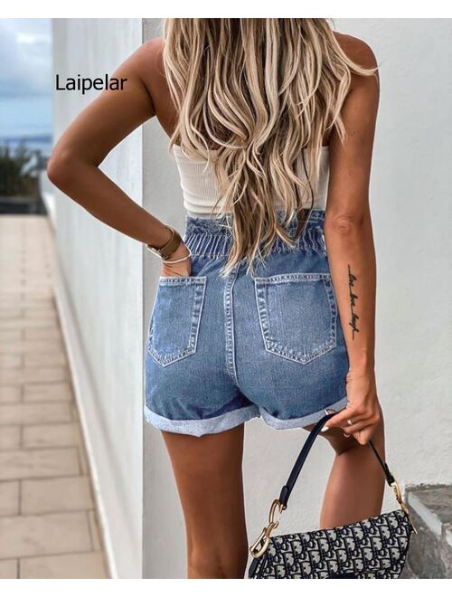 2021 Women's New High Waist Denim Button Top Star Fashion Jeans Shorts for Summer