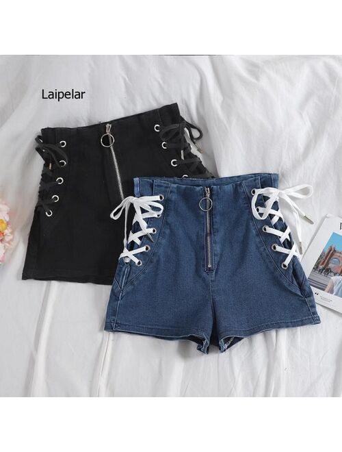 Cross Bandage Jeans Fashion High Street Solid Cargo Slim Sexy Zipper Shorts Women 2021