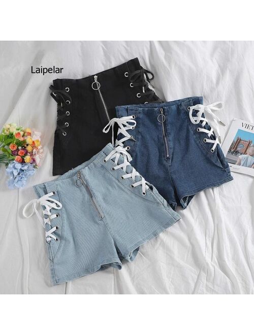 Cross Bandage Jeans Fashion High Street Solid Cargo Slim Sexy Zipper Shorts Women 2021