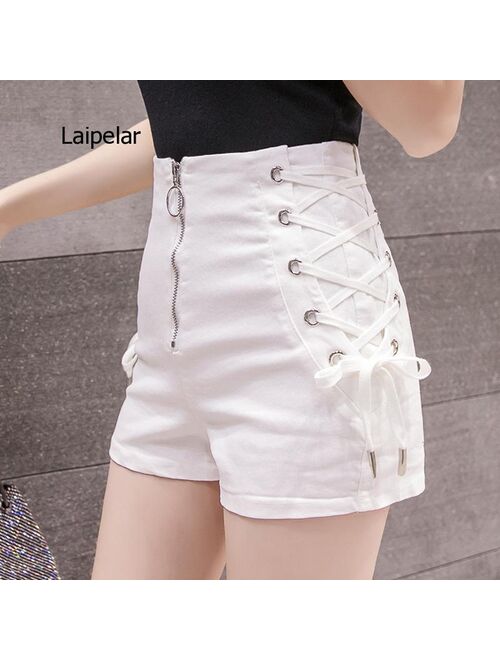 Cross Bandage Jeans Fashion High Street Solid Cargo Slim Sexy Zipper Shorts Women 2021