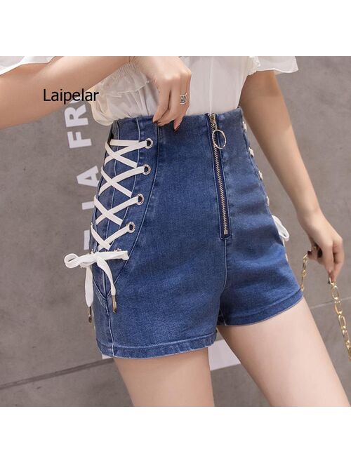 Cross Bandage Jeans Fashion High Street Solid Cargo Slim Sexy Zipper Shorts Women 2021