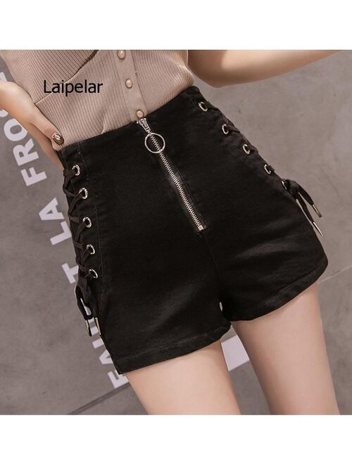 Cross Bandage Jeans Fashion High Street Solid Cargo Slim Sexy Zipper Shorts Women 2021