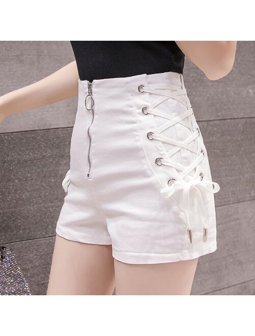 Cross Bandage Jeans Fashion High Street Solid Cargo Slim Sexy Zipper Shorts Women 2021