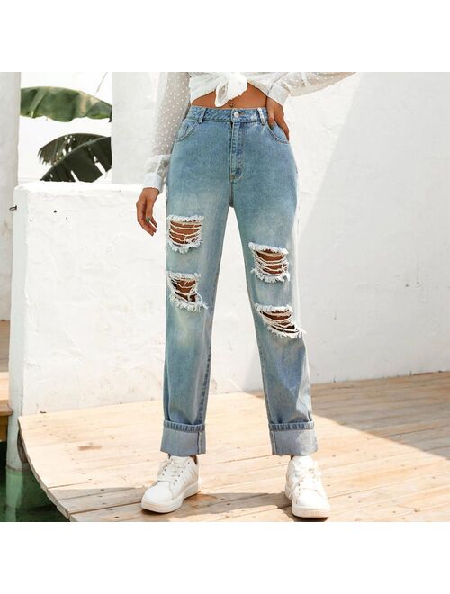 Y2K High Waist Ripped Denim Slim Ladies Straight Jeans High Waist Solid Color Wide Leg Jeans Women Street Solid Color Slim