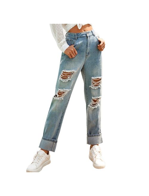 Y2K High Waist Ripped Denim Slim Ladies Straight Jeans High Waist Solid Color Wide Leg Jeans Women Street Solid Color Slim