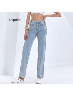 2021 Winter New Fashion Stylelish Side Sexy High Waist Hollow Chain Street Wear Straight Jeans