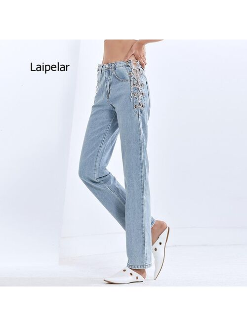 2021 Winter New Fashion Stylelish Side Sexy High Waist Hollow Chain Street Wear Straight Jeans