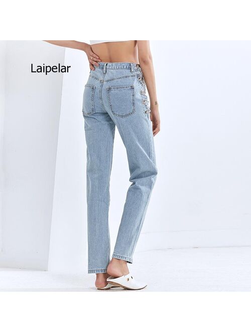 2021 Winter New Fashion Stylelish Side Sexy High Waist Hollow Chain Street Wear Straight Jeans