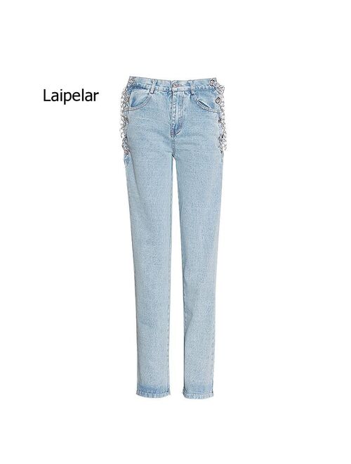 2021 Winter New Fashion Stylelish Side Sexy High Waist Hollow Chain Street Wear Straight Jeans