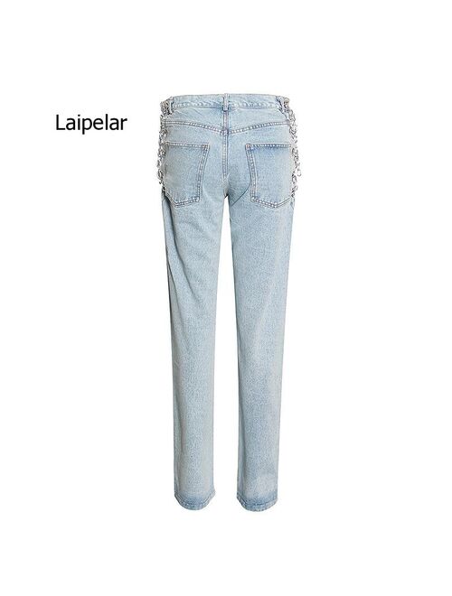 2021 Winter New Fashion Stylelish Side Sexy High Waist Hollow Chain Street Wear Straight Jeans