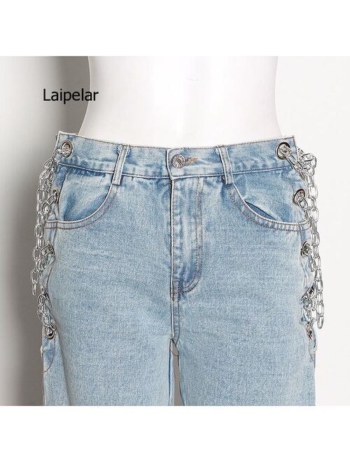 2021 Winter New Fashion Stylelish Side Sexy High Waist Hollow Chain Street Wear Straight Jeans