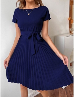 Pleated Hem Self Belted Dress