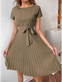 Pleated Hem Self Belted Dress