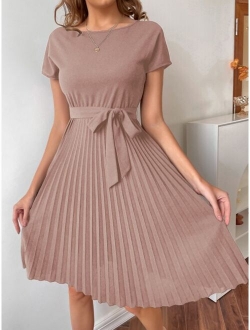 Pleated Hem Self Belted Dress