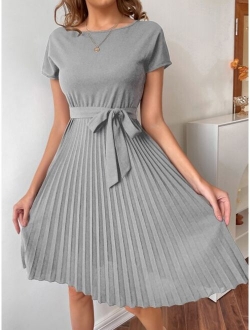 Pleated Hem Self Belted Dress