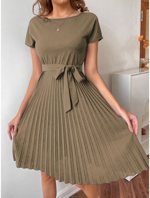 Shein Pleated Hem Self Belted Dress