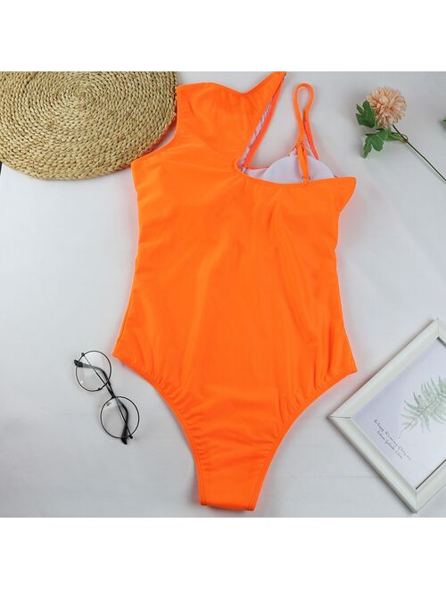 New 2021 Sexy Hollow Out Bikini Set for Women One Piece Swimsuit Solid Halter Slim Swimwear Bathing Suit Female Beach Wear