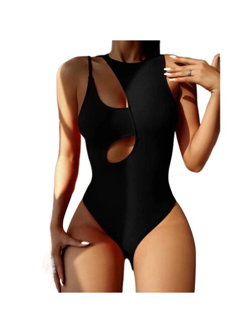 New 2021 Sexy Hollow Out Bikini Set for Women One Piece Swimsuit Solid Halter Slim Swimwear Bathing Suit Female Beach Wear