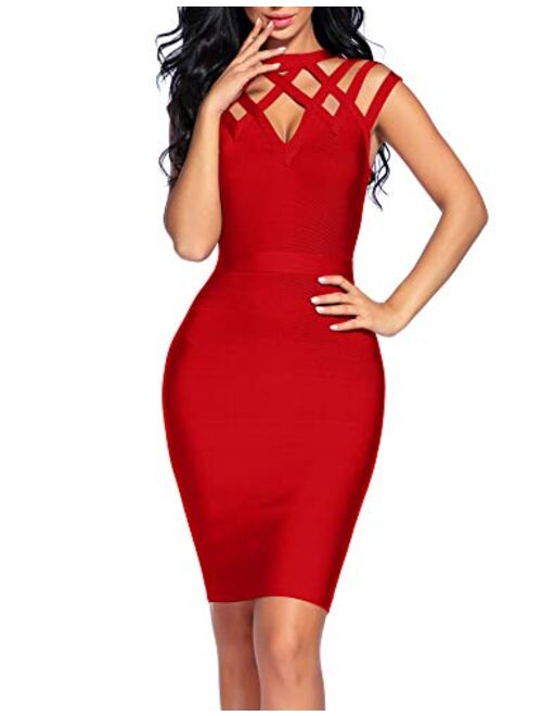 Madam Uniq Women's Hollow Out Bandage Party Dress Sleeveless High Neck Bodycon Dresses Club